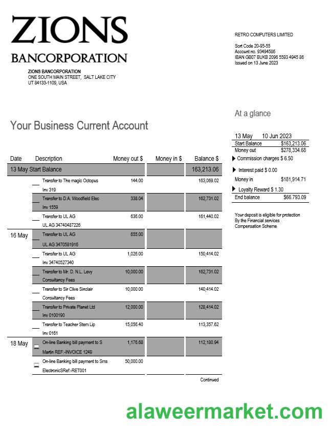 Zions Bancorporation Bank business checking account statement Word and PDF template